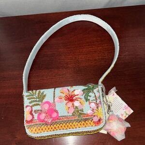 Light Blue Floral Sequin Shoulder Bag with Beaded Embroidery